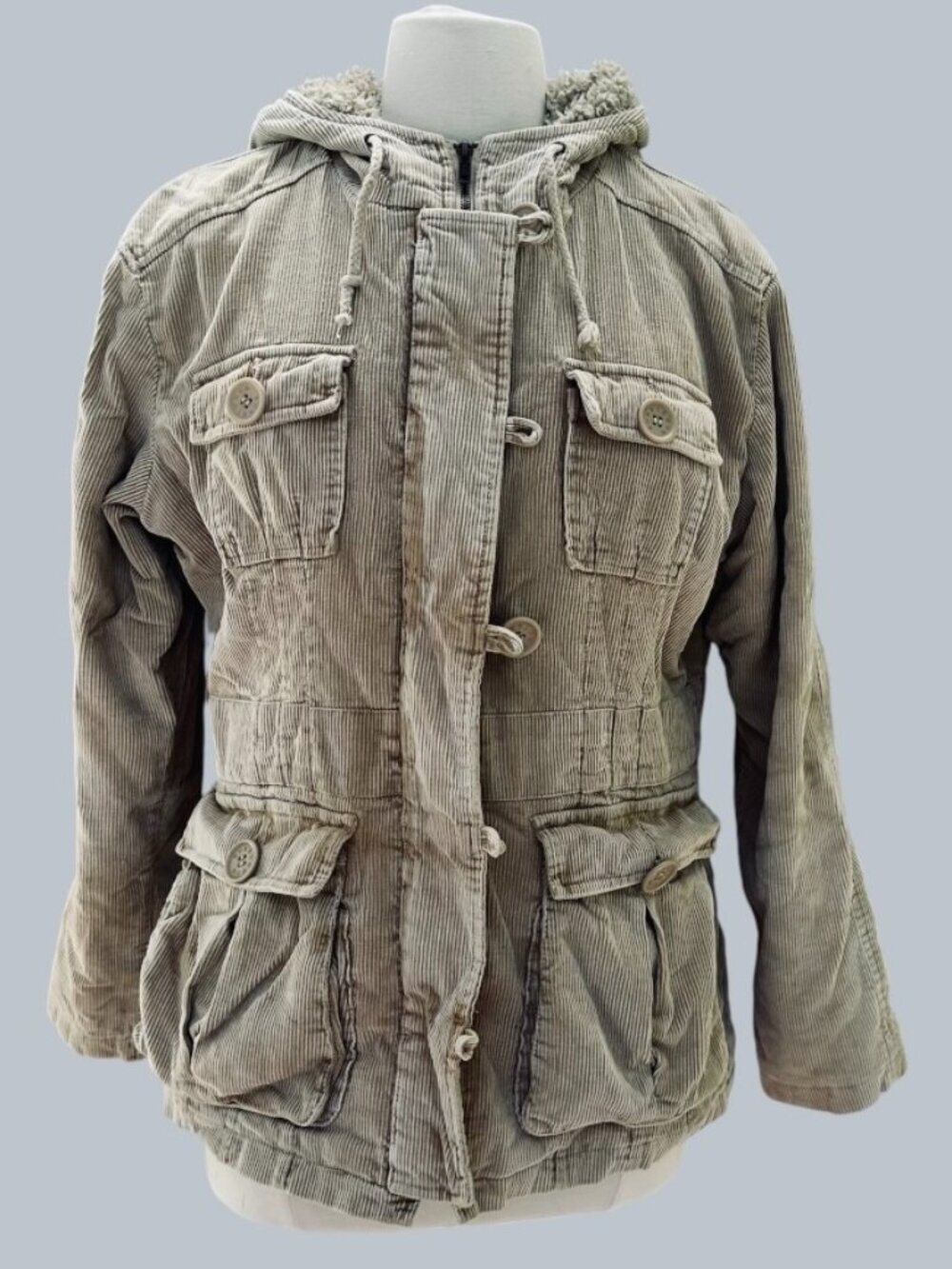 Y2K Bubblegum Sherpa Lined Corduroy Utility Parka Jacket Hooded Beige Medium